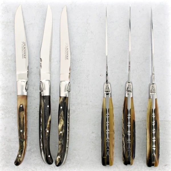 Fontenille Pataud Laguiole steak knife set of 6 with dark ram horn handles