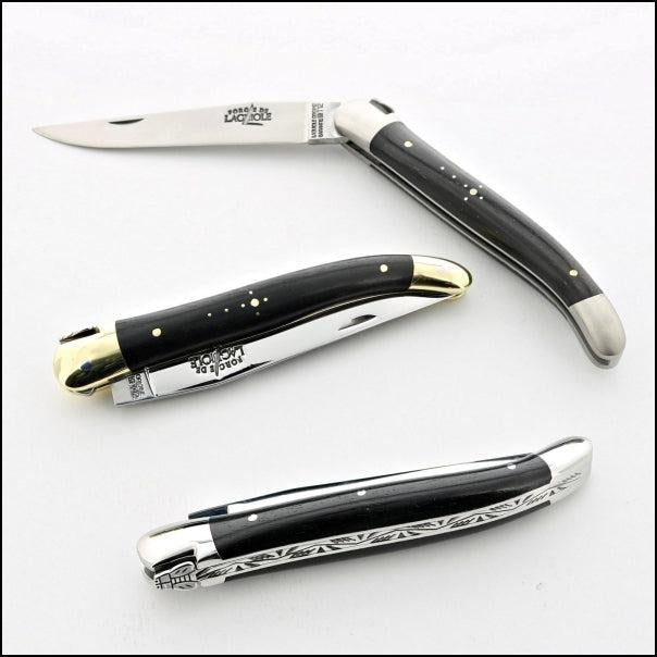 3 Forge de Laguiole 11 cm Pocket Knives brass bolster shiny and brushed stainless steel bolsters