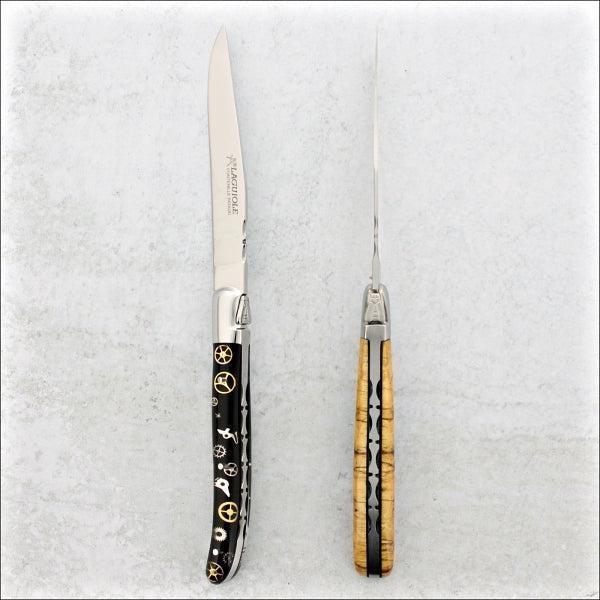 set of 2 steak knives with beechwood and watch gear inlay handle