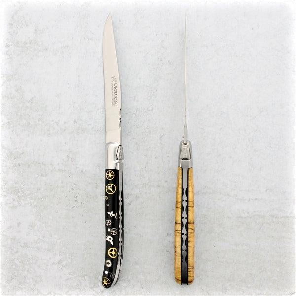 set of 2 steak knives with beechwood and watch gear inlay handle