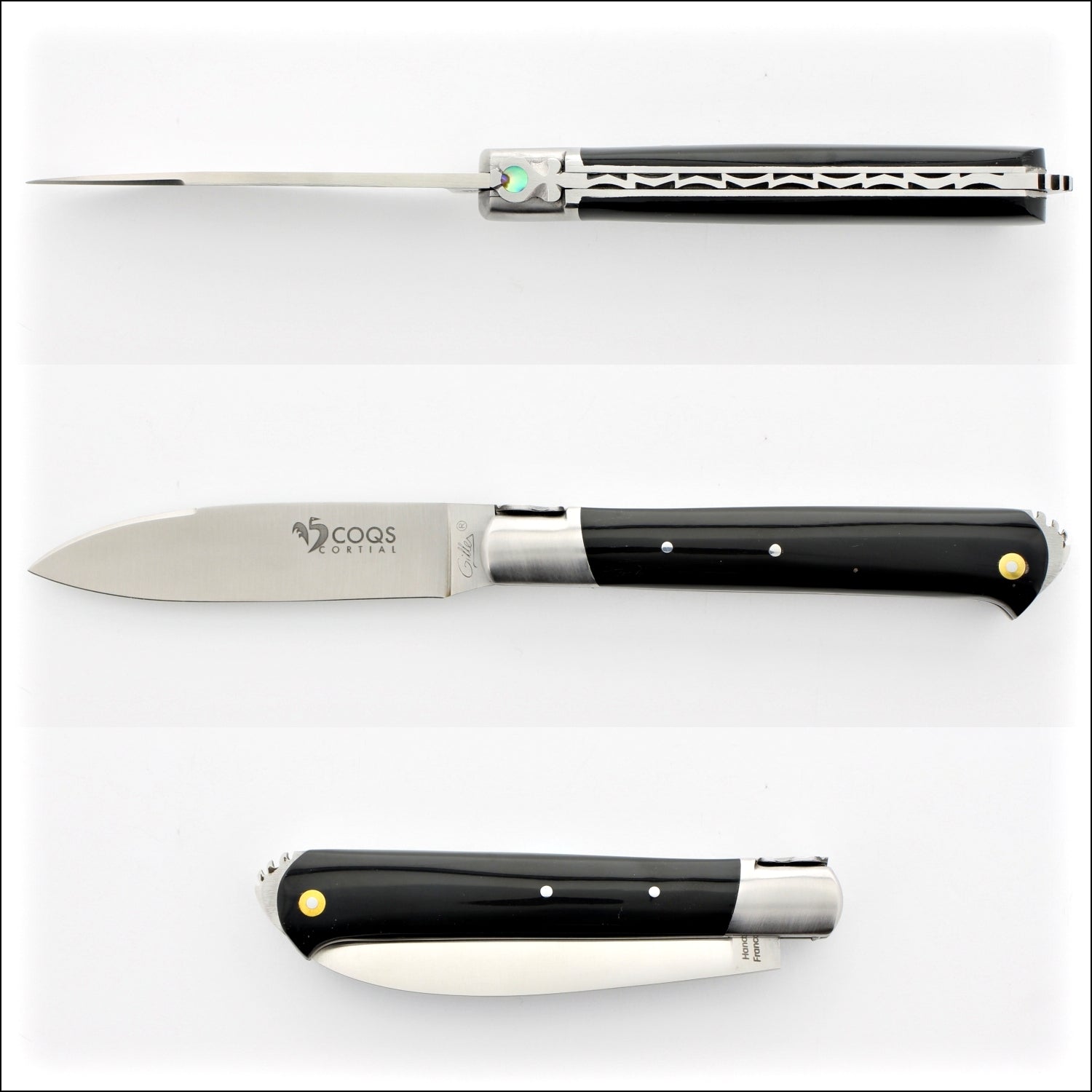 5 Coqs Pocket Knife - Black Horn Tip & Mother of Pearl Inlay