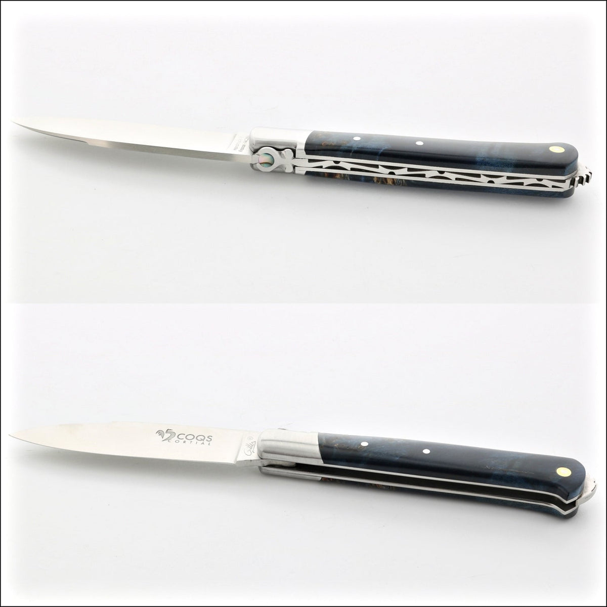 5 Coqs Pocket Knife - Blue Stabilized Poplar Burl &amp; Mother of Pearl Inlay
