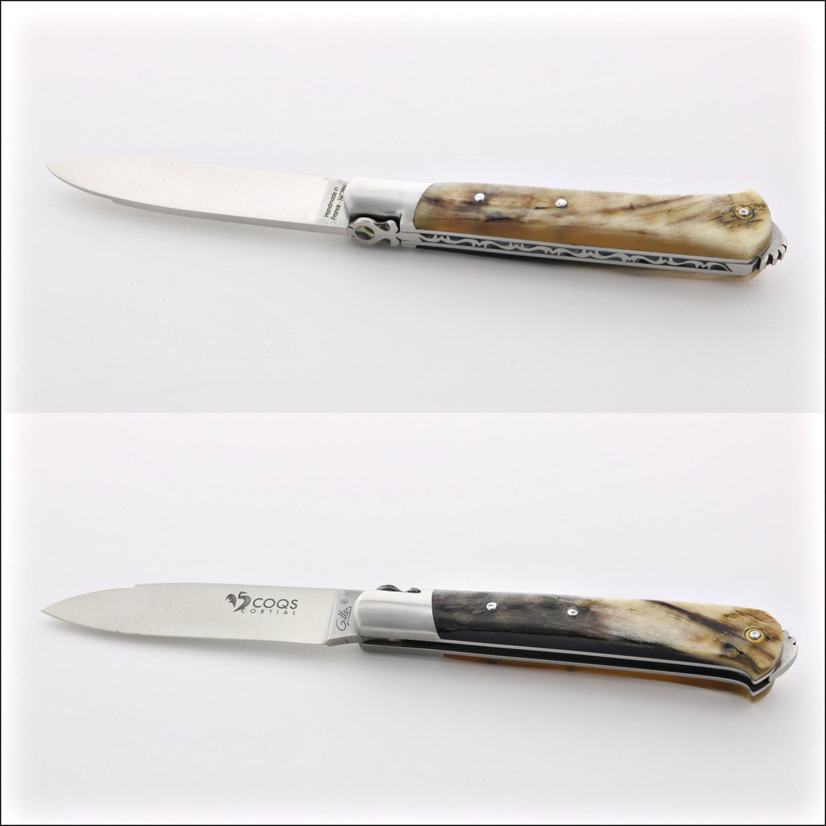 5 Coqs Pocket Knife - Dark Ram Horn &amp; Mother of Pearl Inlay