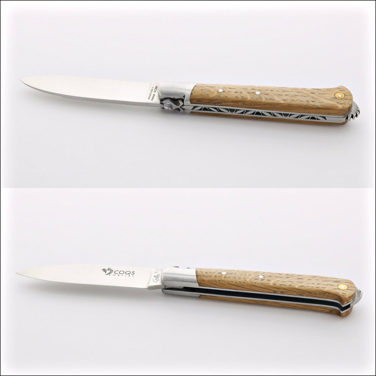 5 Coqs Pocket Knife - Oak Barrel Wood &amp; Mother of Pearl Inlay