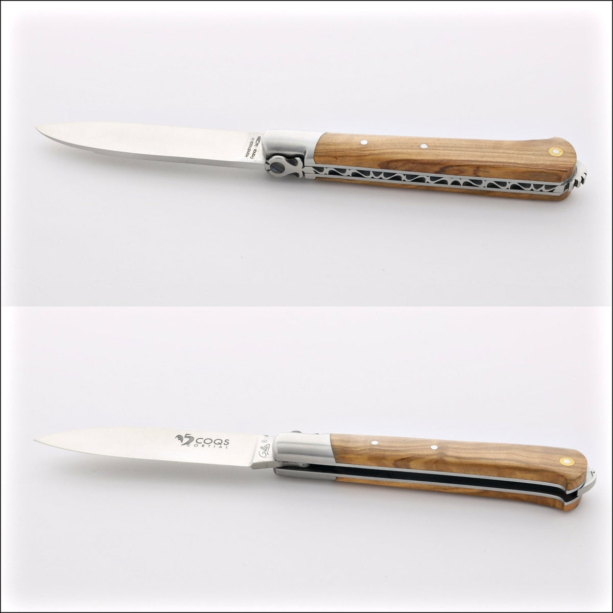 5 Coqs Pocket Knife - Olive Wood &amp; Mother of Pearl Inlay