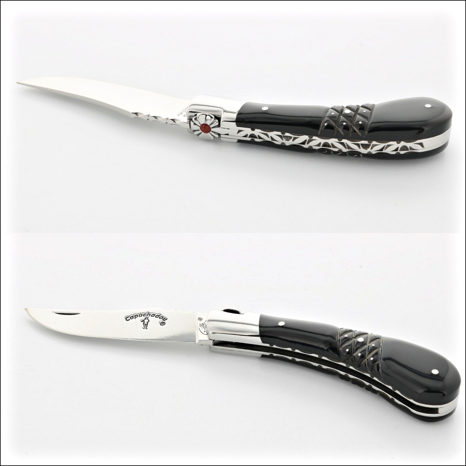 Capuchadou 10 cm Folding knife Guilloché & Studded Black Horn Tip