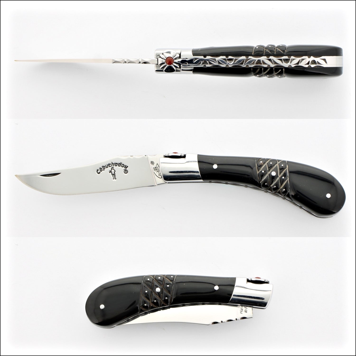Capuchadou 10 cm Folding knife Guilloché & Studded Black Horn Tip