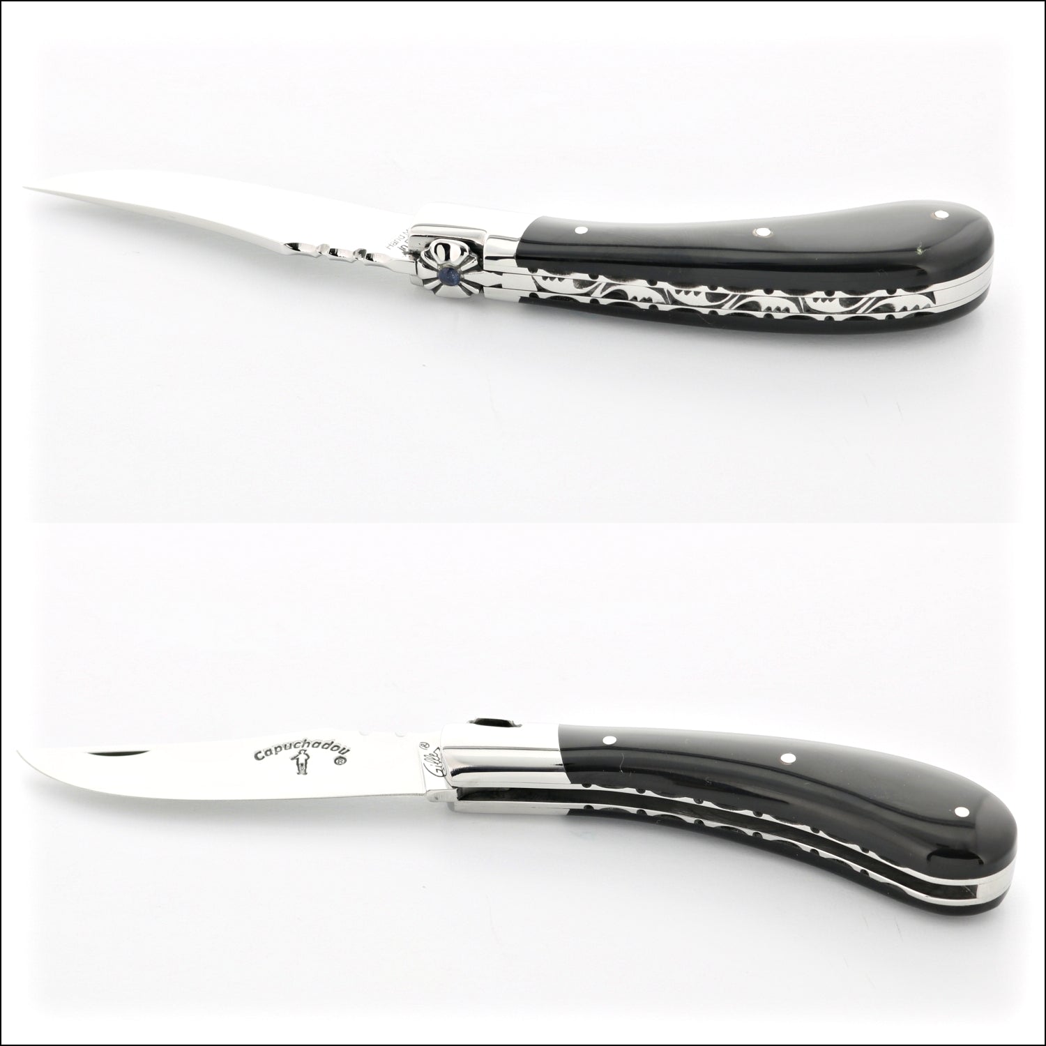 Capuchadou 10 cm Guilloche Folding Knife Black Horn Tip Handle