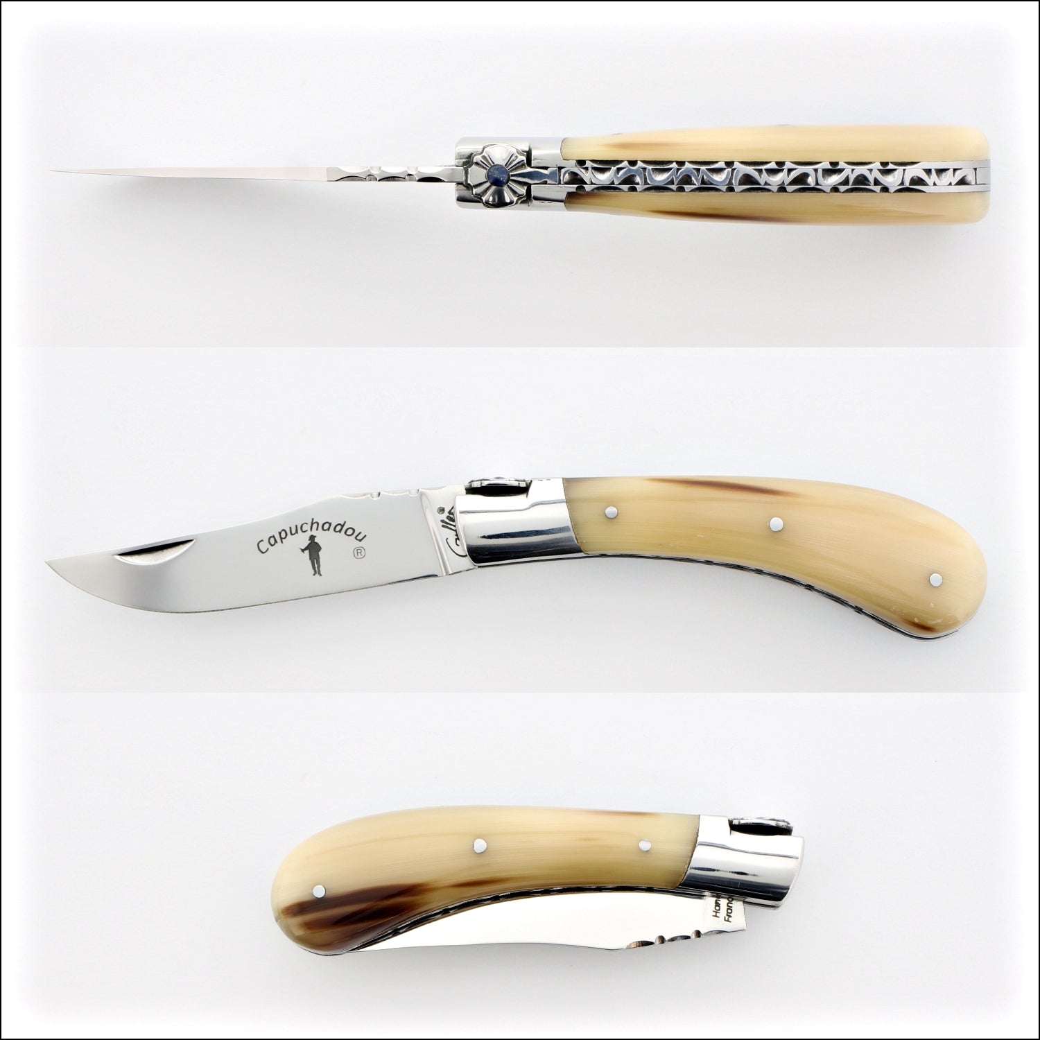 Capuchadou 10 cm Guilloche Folding Knife Horn Tip Handle