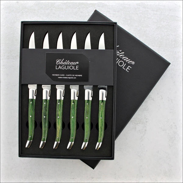 Chateau Laguiole Heritage Steak Knives Green Stamina Wood - Shiny