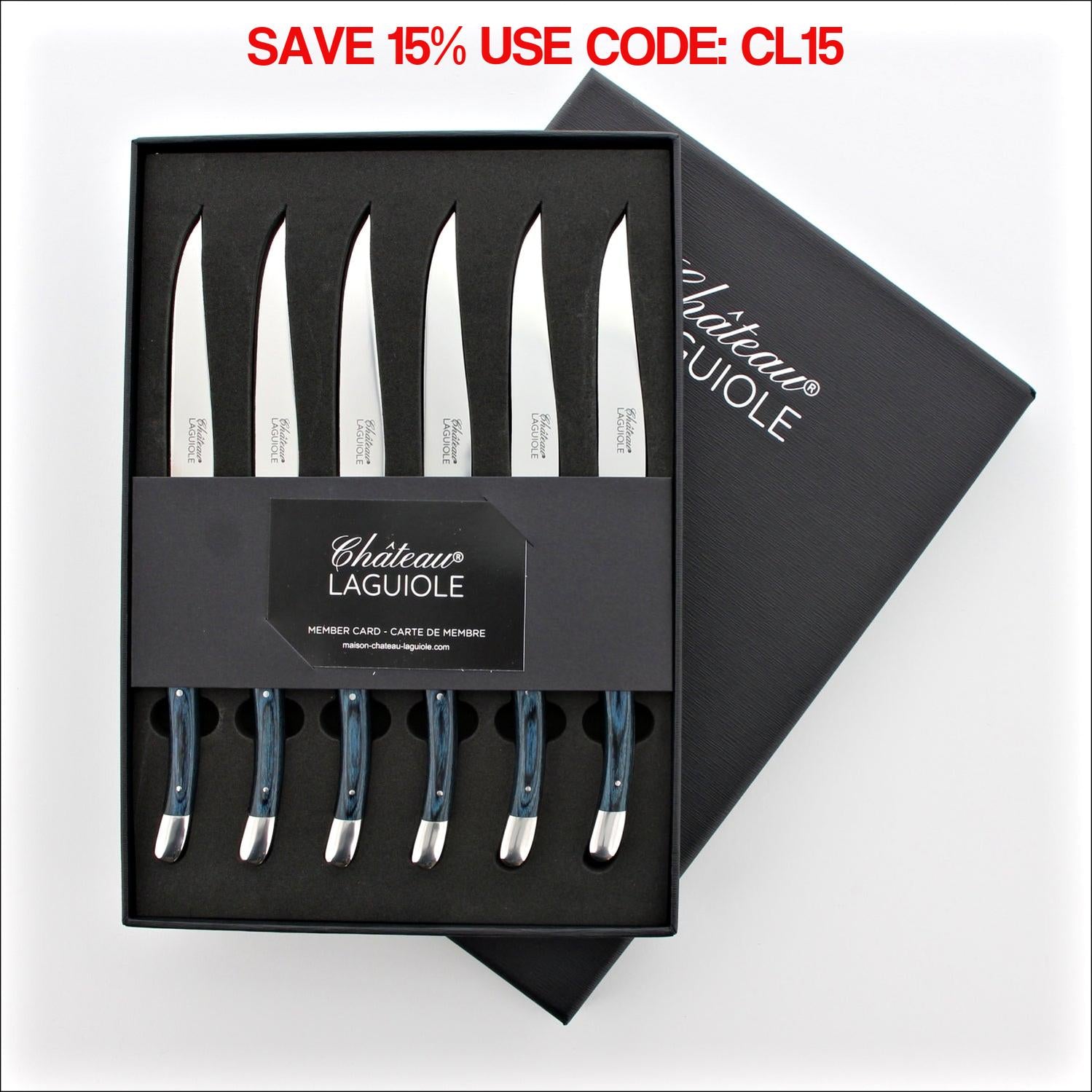 Chateau Laguiole Steak Knives Blue Stamina Wood - Shiny Finish