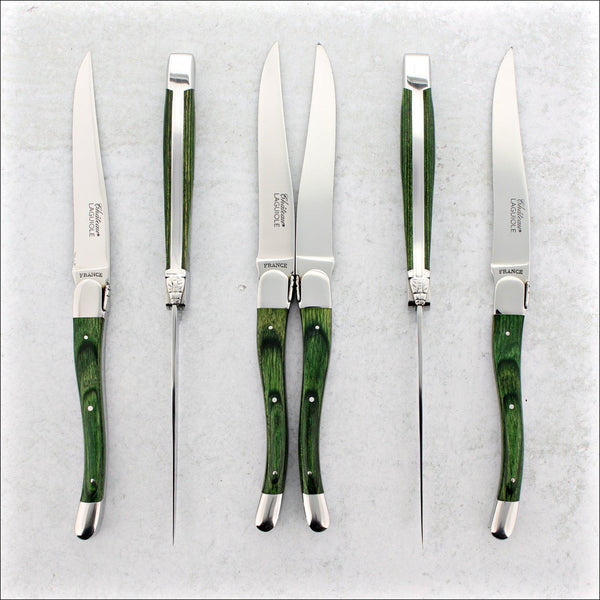 Chateau Laguiole Signature Steak Knives Green Stamina Wood Shiny Fin