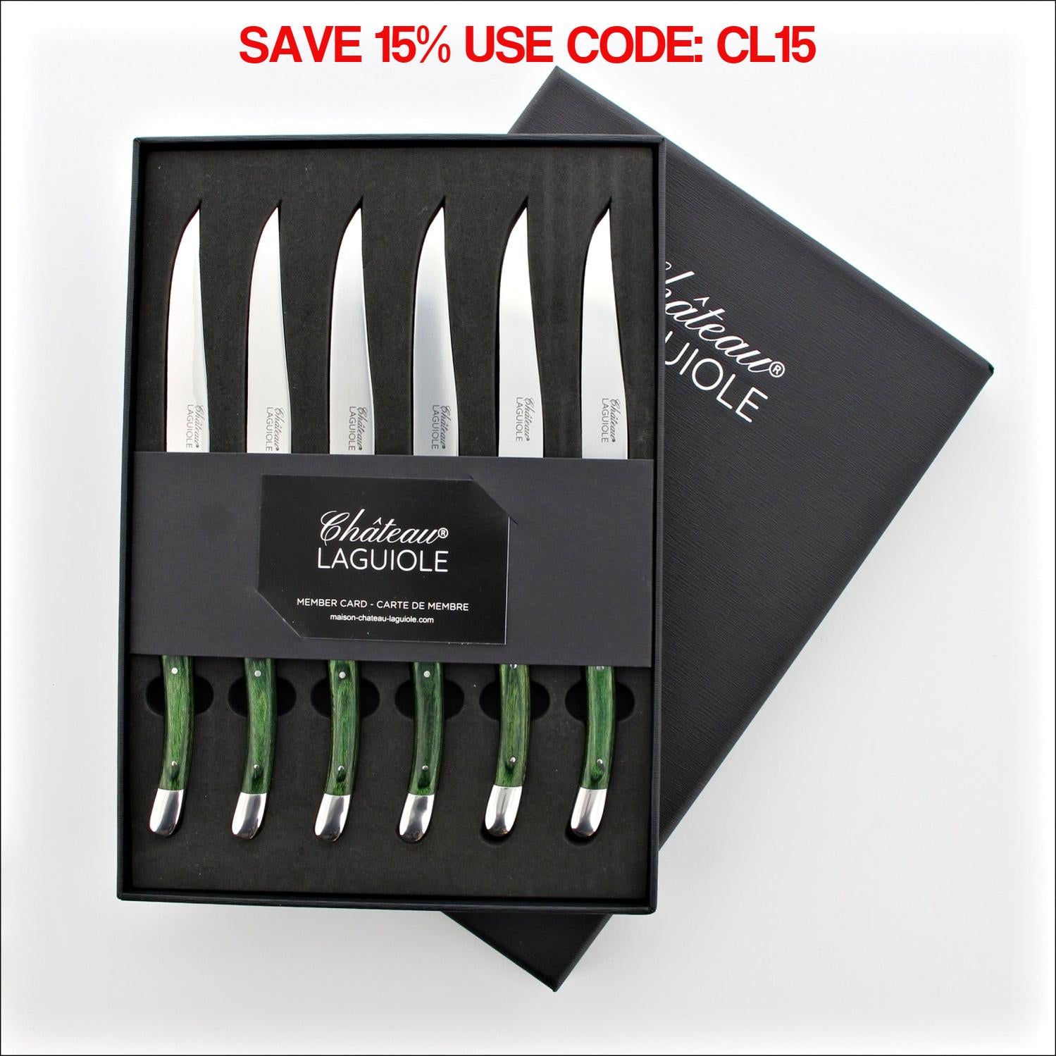 Chateau Laguiole Steak Knives Green Stamina Wood - Shiny Finish