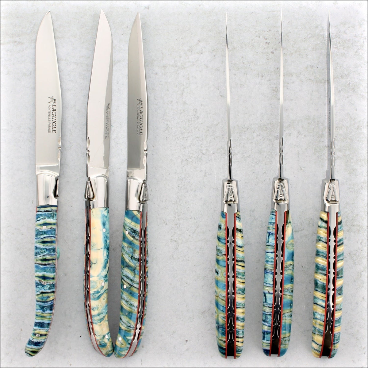 Laguiole Forged Steak Knives Fossilized Mammoth Tooth - Turquoise &amp; Cream