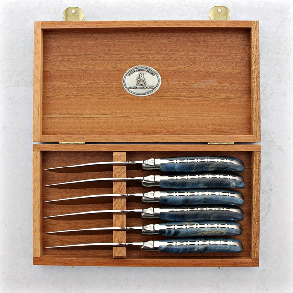 Laguiole Steak Knives Stained Poplar Burl Blue Laguiole Imports