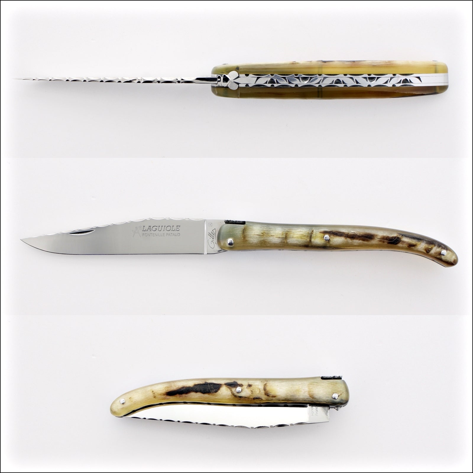 Laguiole Full Handle 11 cm Guilloche Pocket Knife Ram Horn Tip
