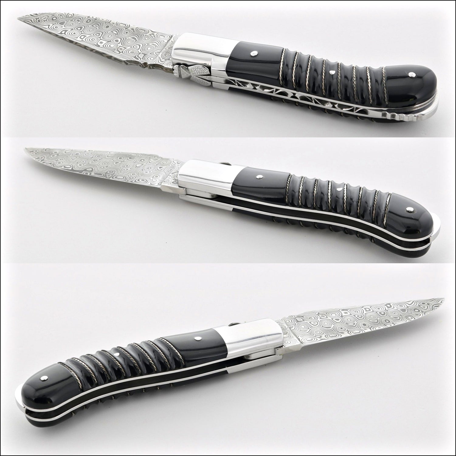 Laguiole Gentleman's Knife - Damascus Blade - Treaded Silver Rope on Black Horn Tip