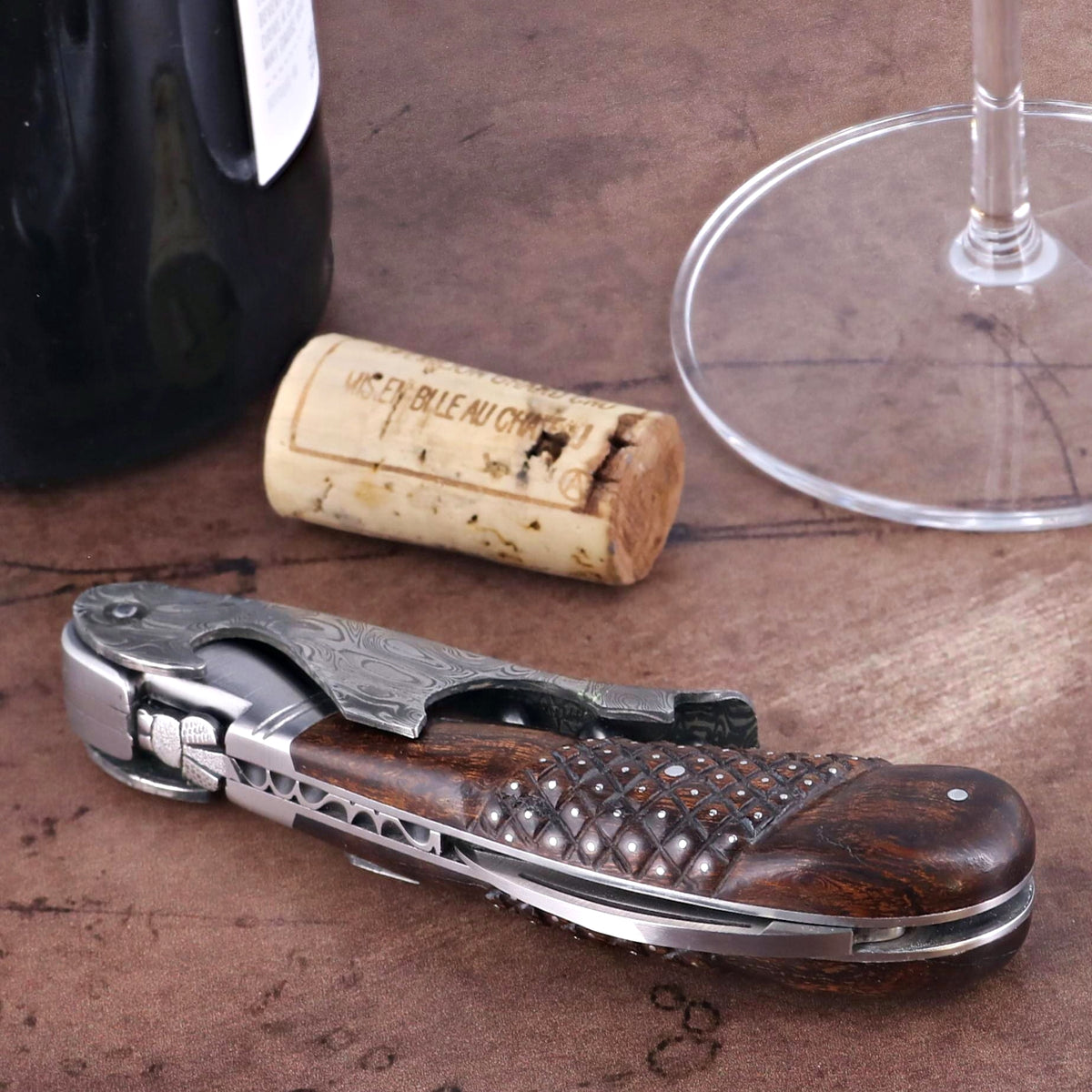 Laguiole Magnum Damascus Studded Desert Ironwood Corkscrew