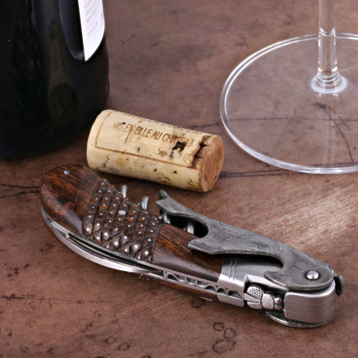 Laguiole Magnum Damascus Studded Desert Ironwood Corkscrew