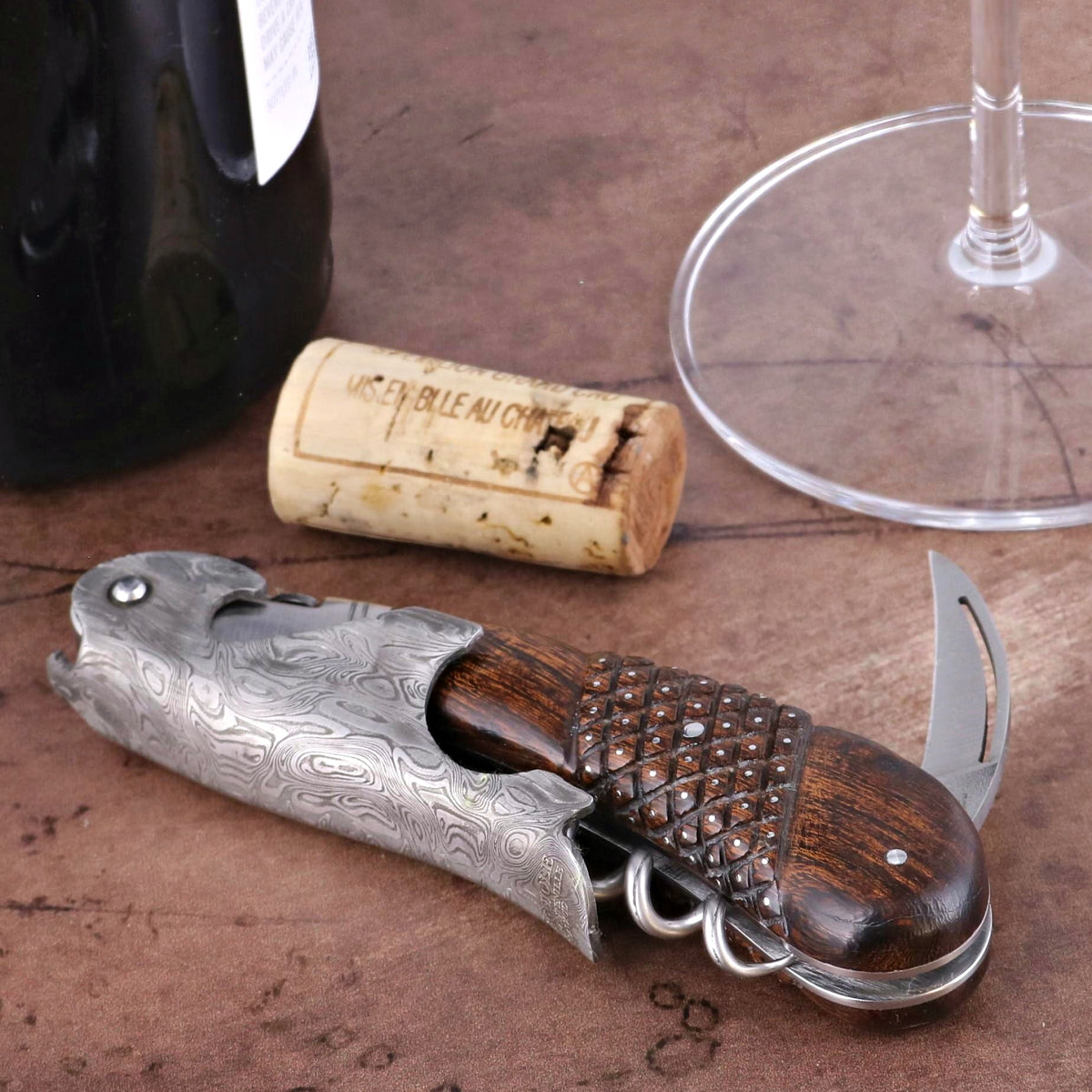 Laguiole Magnum Damascus Studded Desert Ironwood Corkscrew