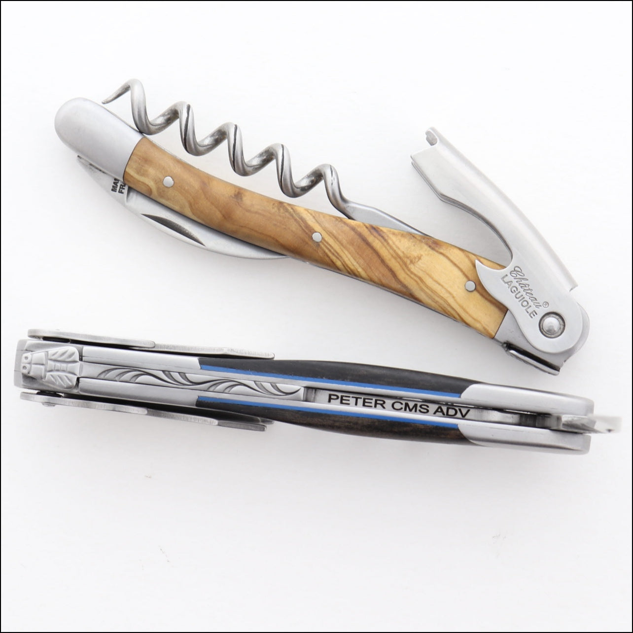 chateau laguiole engraved inside the handle very discreet engraving. not visible when foil cutter is closed