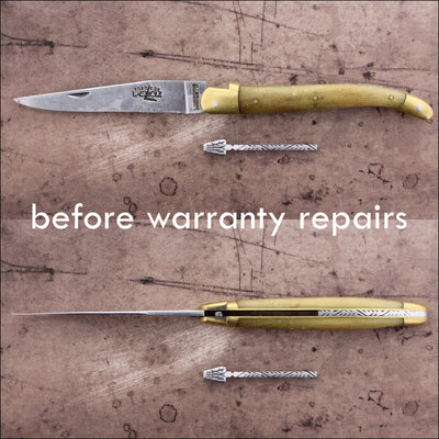 a forge de laguiole 12 cm horn tip folding knife with a broken spring