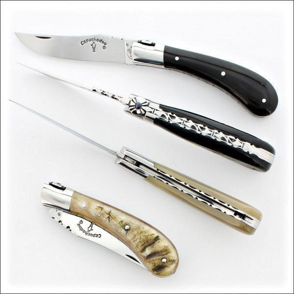 4 Capuchadou 10 cm Guilloche Knives showing several handle type