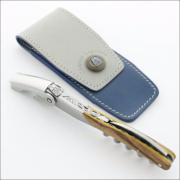 Chateau Laguiole Opus Series shoned with a grey and blue leather belt sheath