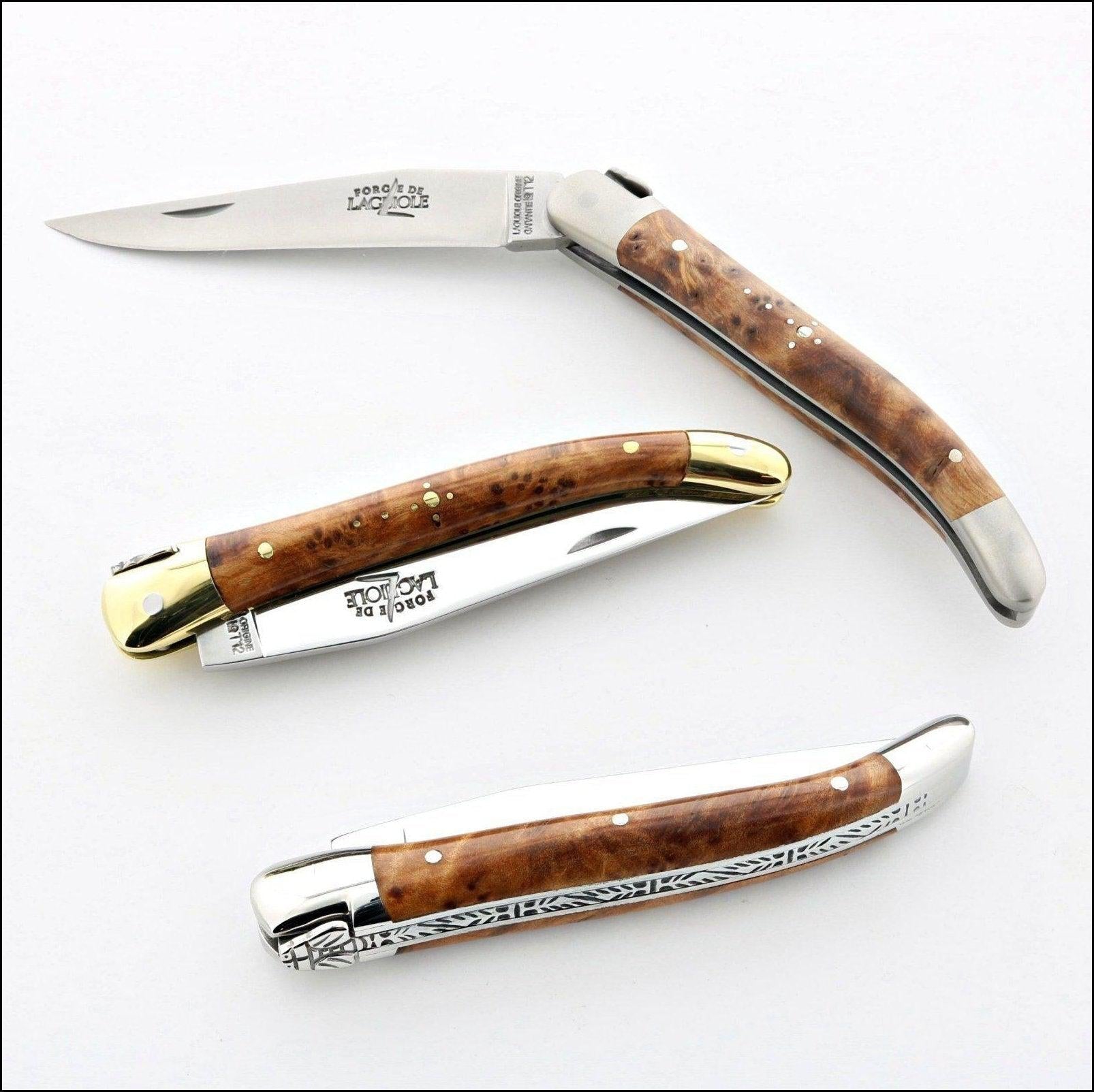 3 forge de laguiole 9 cm handle pocket knives in half open and close postion