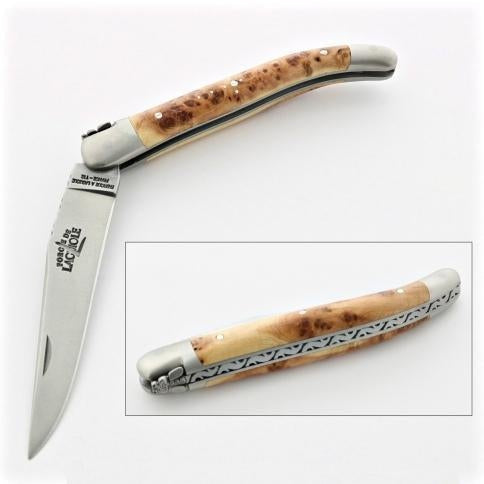 3 open 9 cm laguiole pocket knife. one of each metal finish: brashed stainless, shiny stainless and brass metal finish shiny