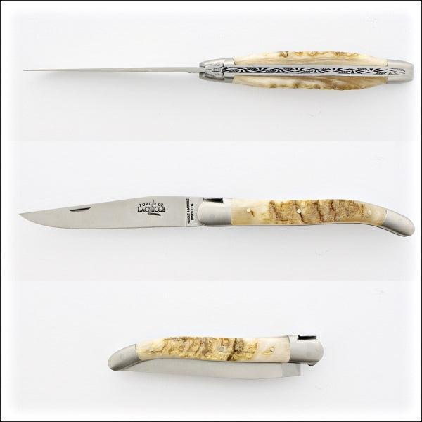 11 CM FORGE DE LAGUIOLE KNIFE WITH A LIGHT COLOR RAM HORN HANDLE. THIS TYPE OF HANDLE HAS A RAW FINISH