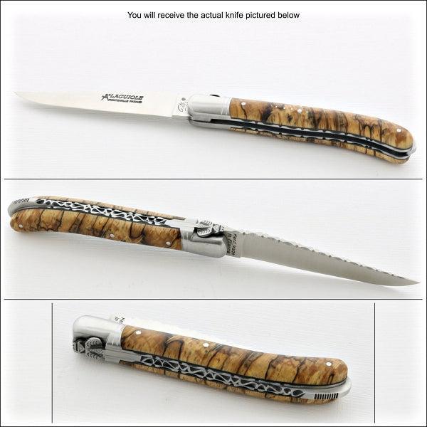 3 Laguiole 12 cm Nature Guilloche in open and closed position. Handle type Burled Beech End Grain 