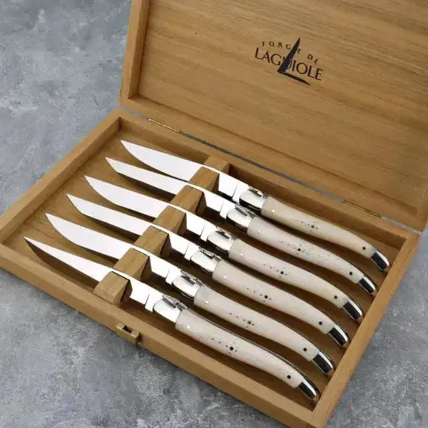 steak knife box made of oak with 6 bone handle laguiole knives