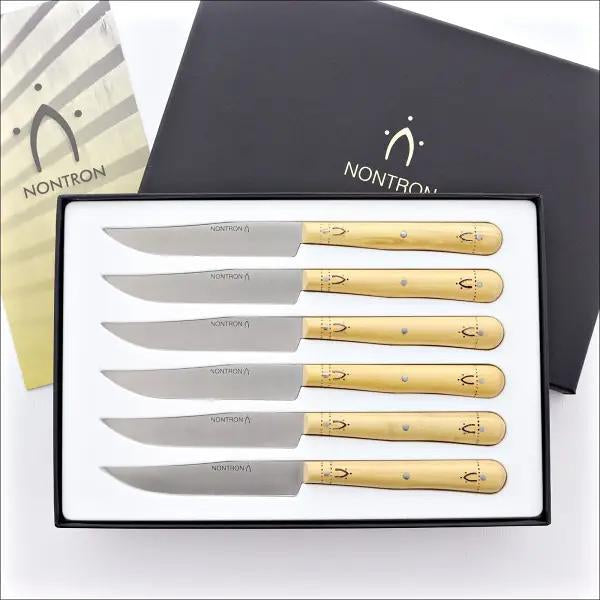 a set of 6 nontron table steak knives with boxwood handle