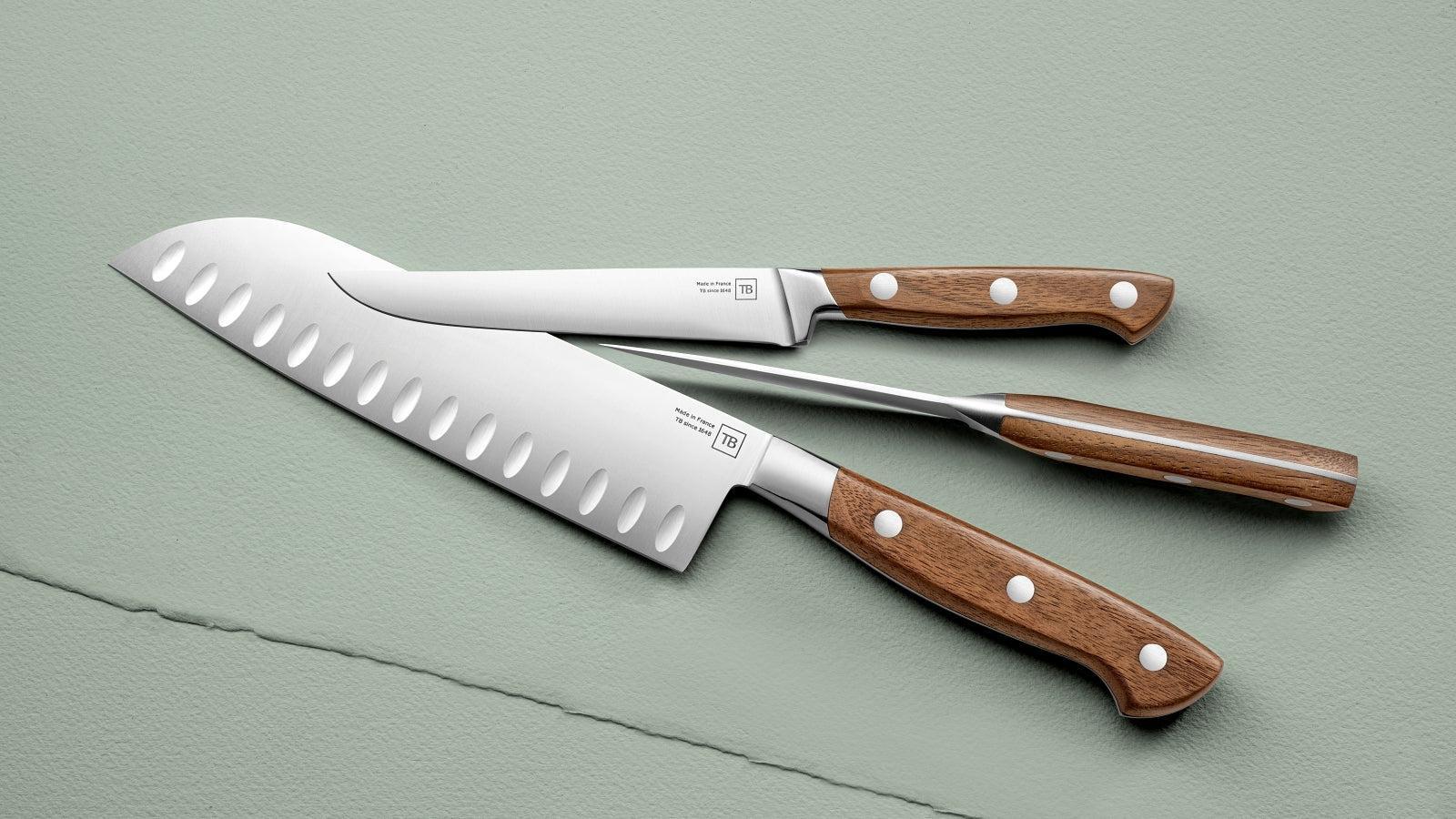 3 Tarrerias-Bonjean Georges Kitchen Knives on a teal color background