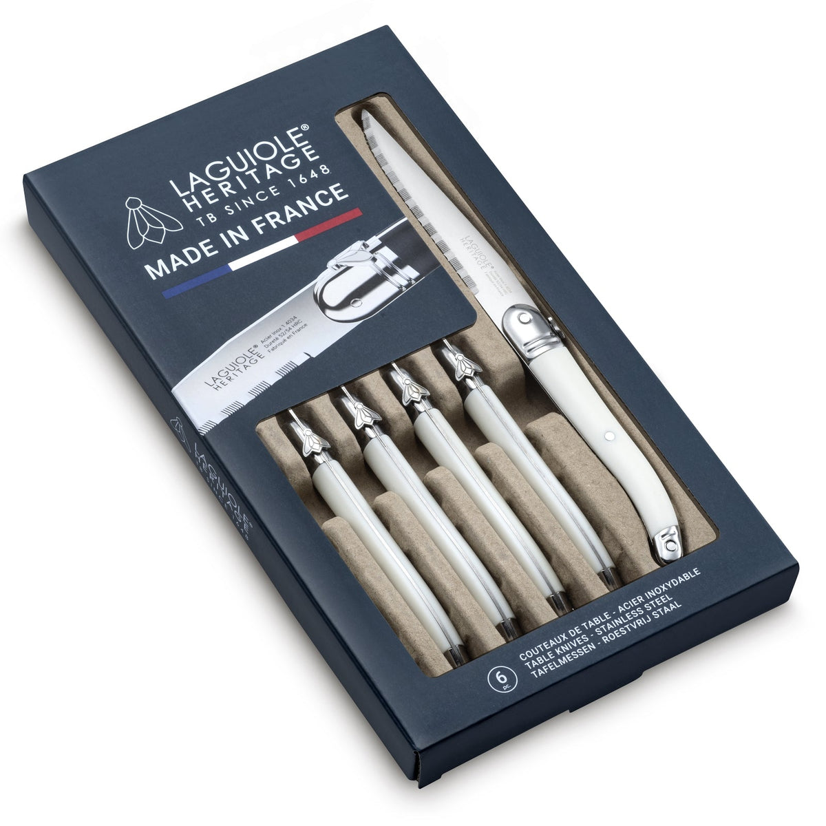 Laguiole Heritage® Steak Knives with Wooden Storage Box - Access Series - White  Handle - Set of 6