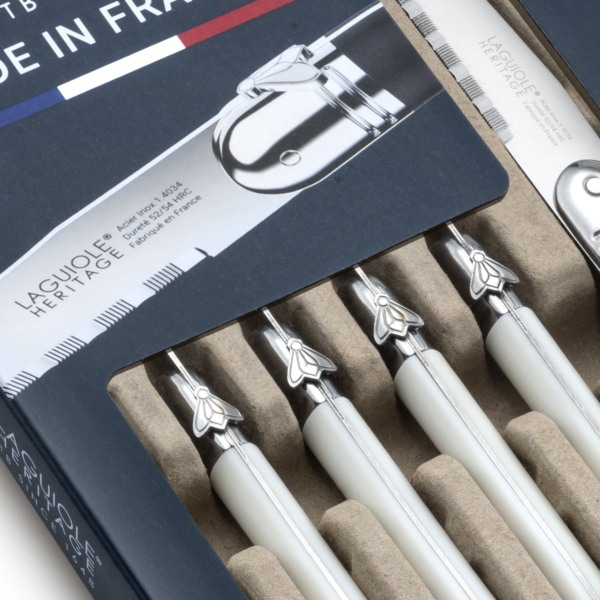 Laguiole Heritage® Steak Knives with Wooden Storage Box - Access Series - White  Handle - Set of 6