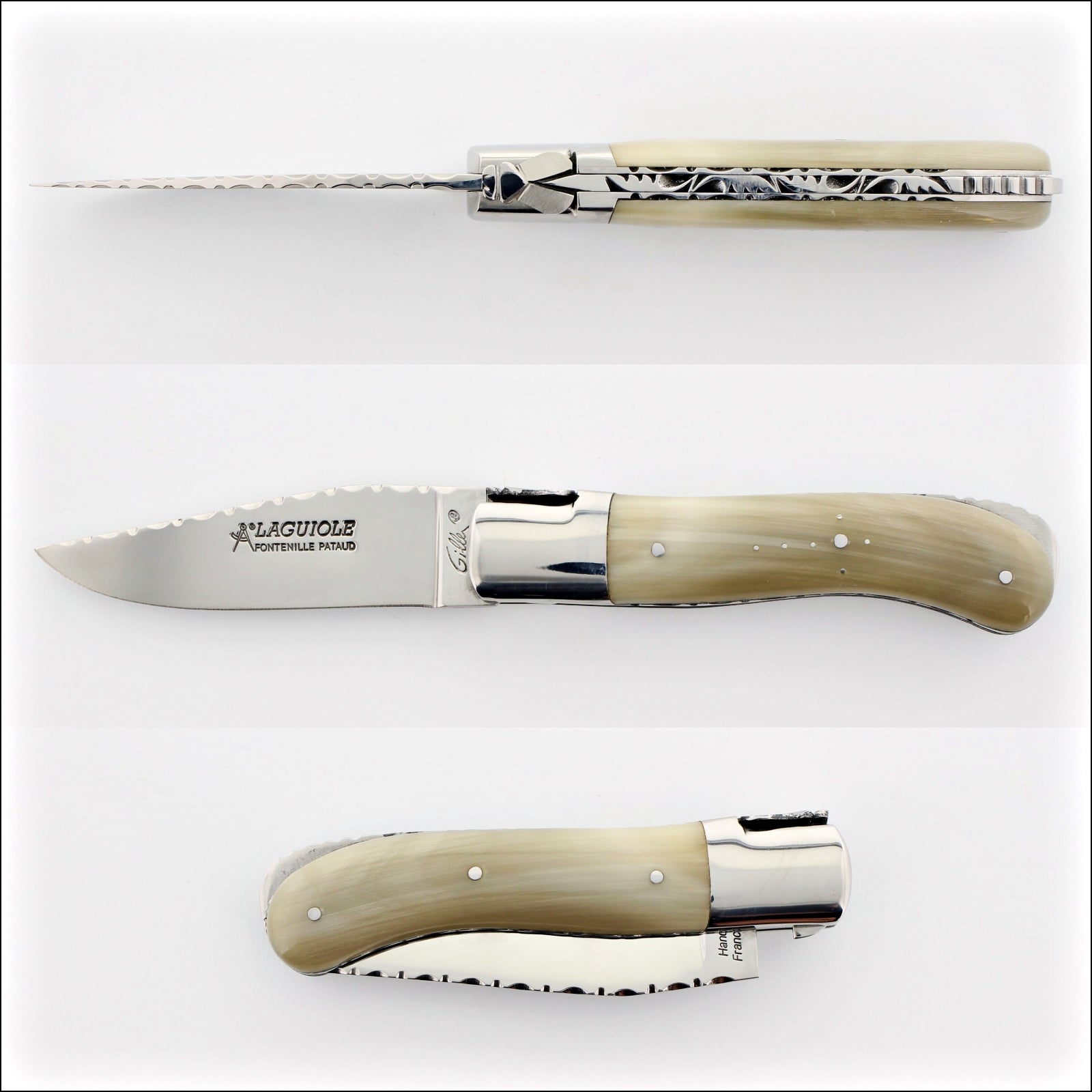 Laguiole Gentleman's Knife Guilloche - Horn Tip, side view of closed knife with horn handle. Handcrafted details, 100% Made in France.