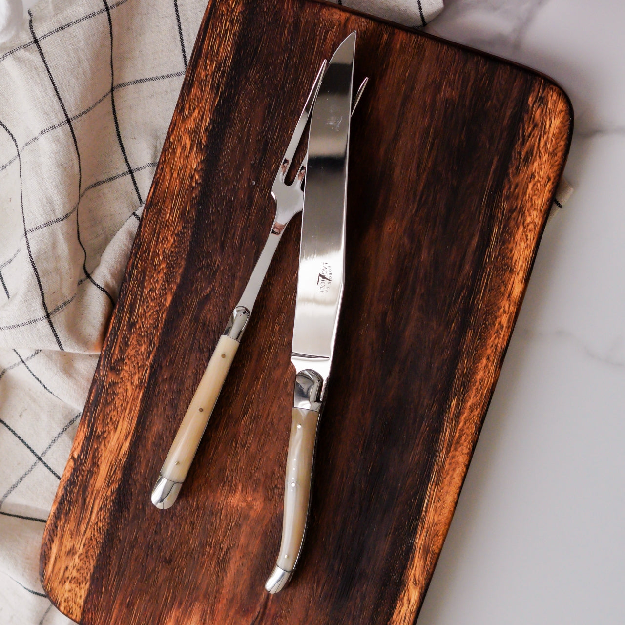 Laguiole Carving Set Horn Tip Handle Shiny Finish, - Handcrafted by Forge de Laguiole