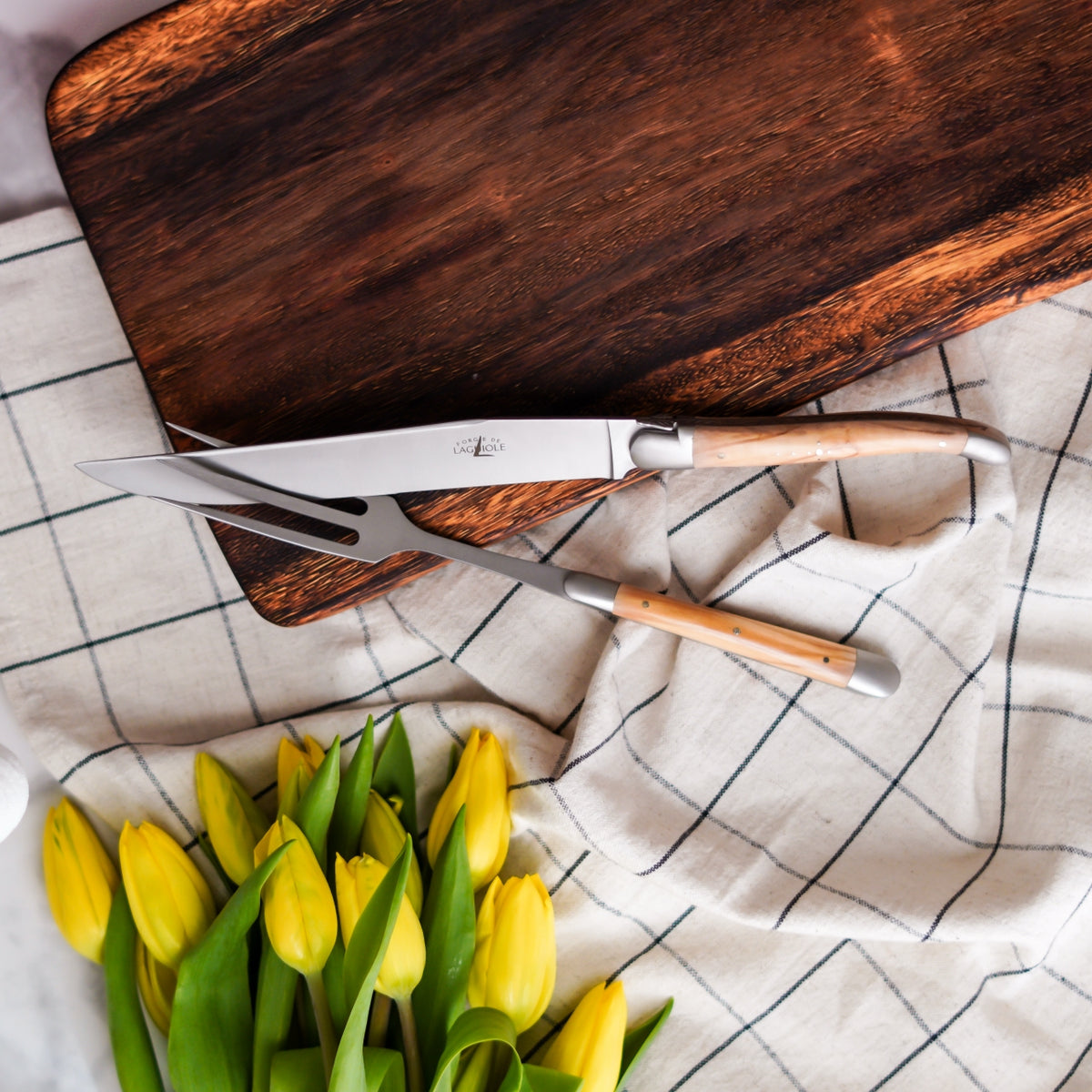 Laguiole Carving Set Olive Wood Handle Satin Finish