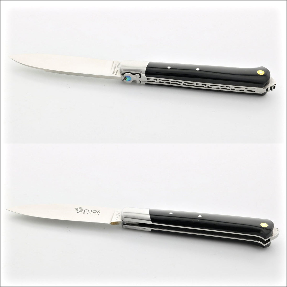 5 Coqs Pocket Knife - Black Horn Tip &amp; Mother of Pearl Inlay