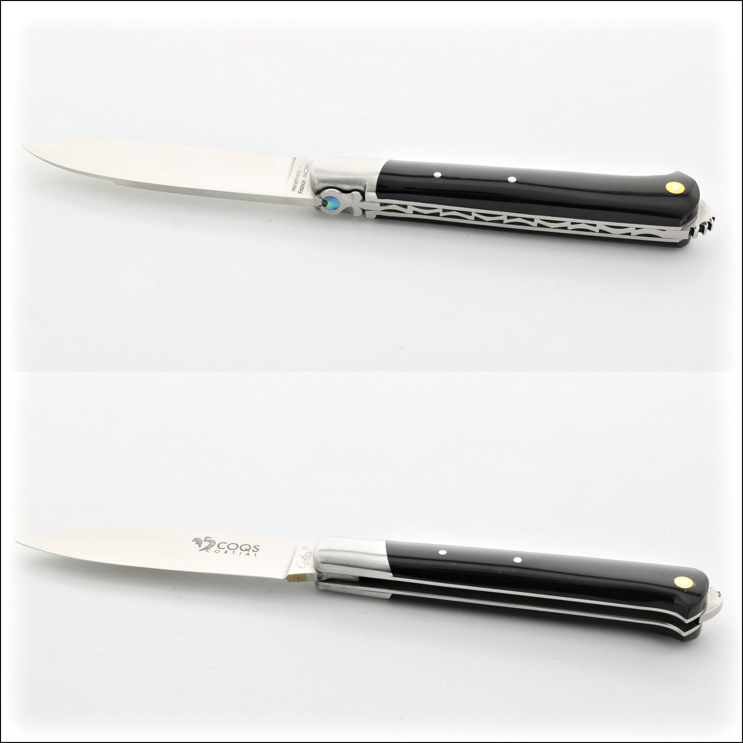 5 Coqs Pocket Knife - Black Horn Tip & Mother of Pearl Inlay