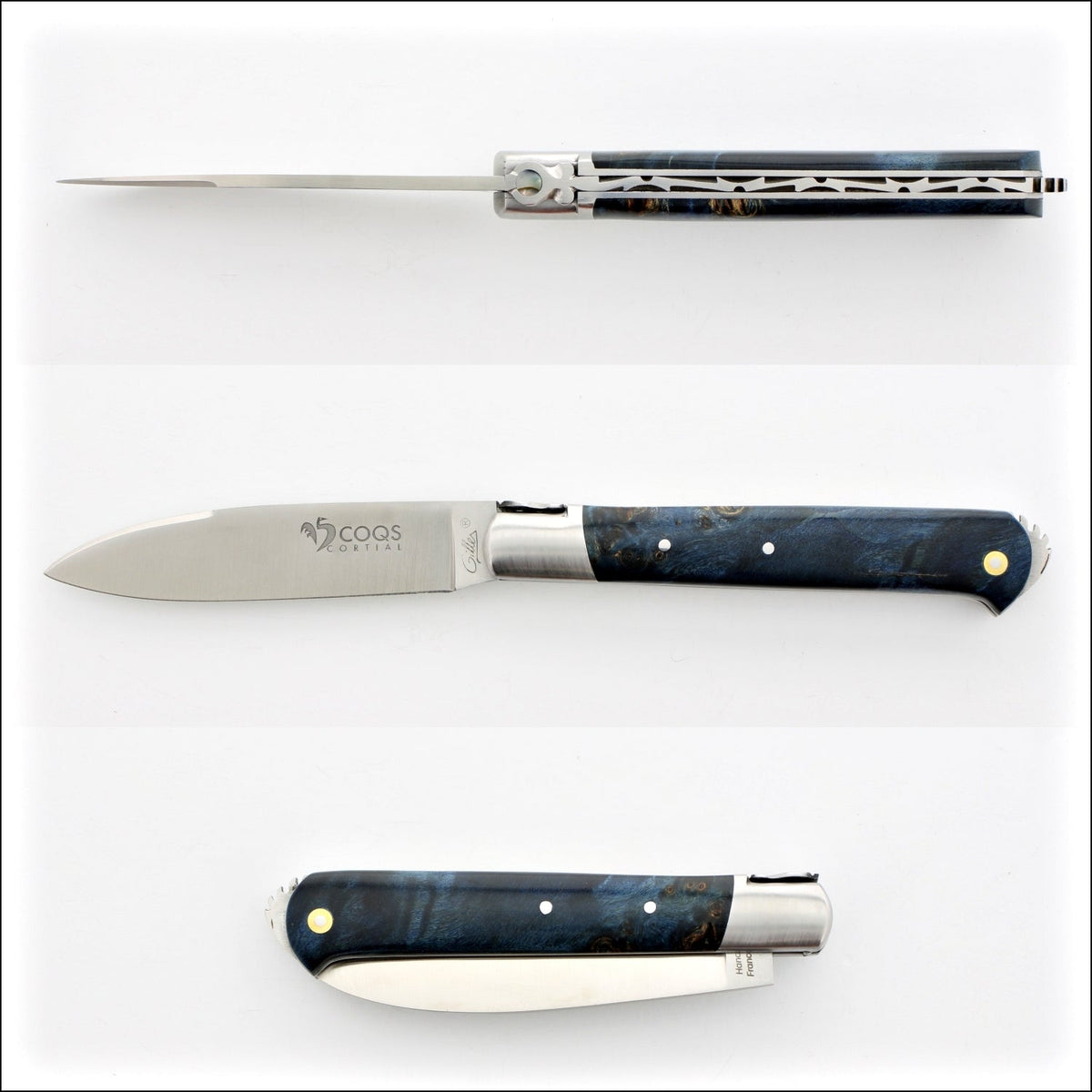 5 Coqs Pocket Knife - Blue Stabilized Poplar Burl &amp; Mother of Pearl Inlay