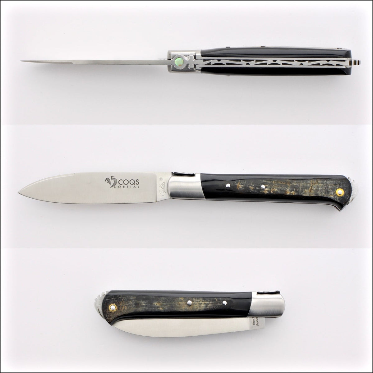 5 Coqs Pocket Knife - Buffalo Bark Handle &amp; Mother of Pearl Inlay