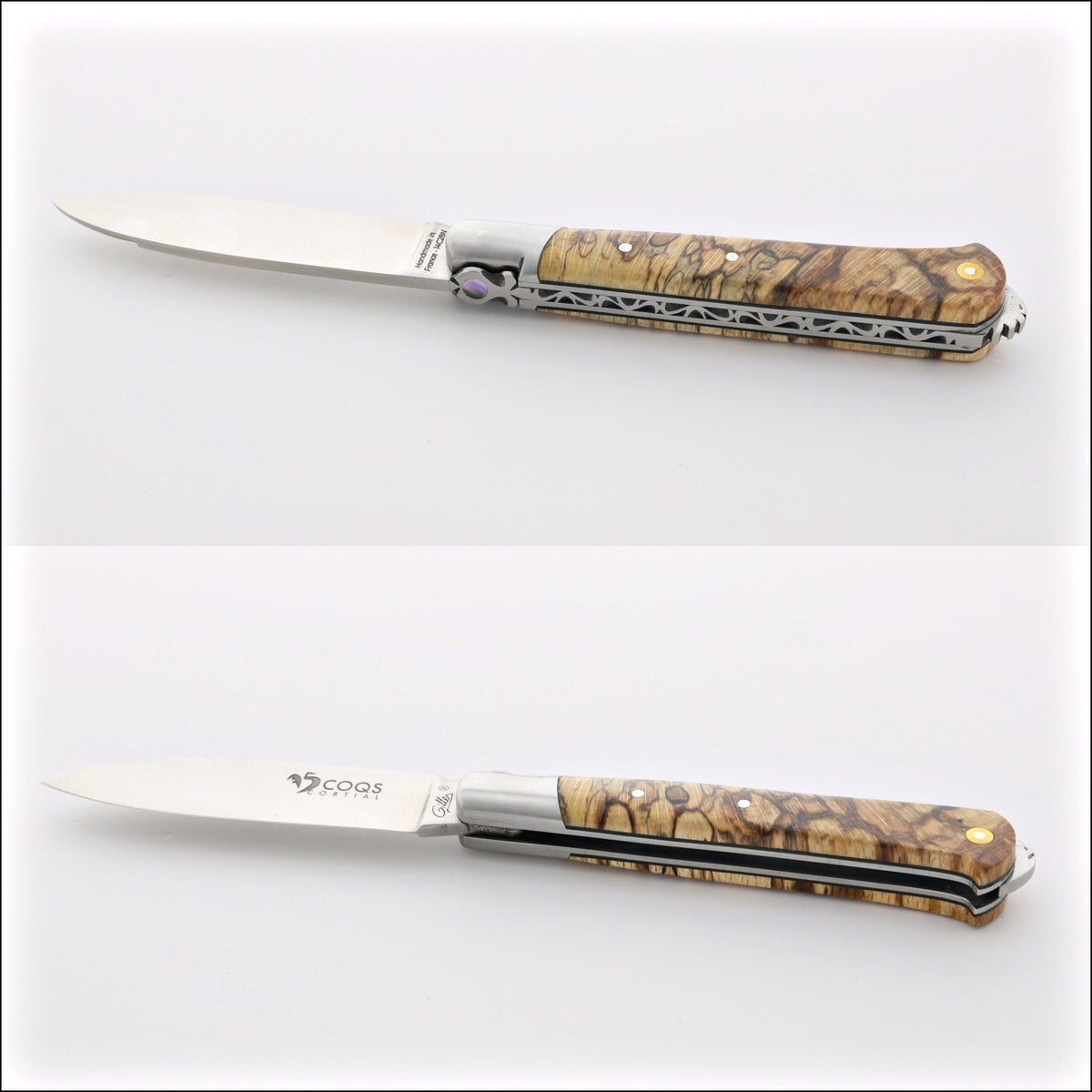 5 Coqs Pocket Knife - Burled Beech End Grain &amp; Mother of Pearl Inlay