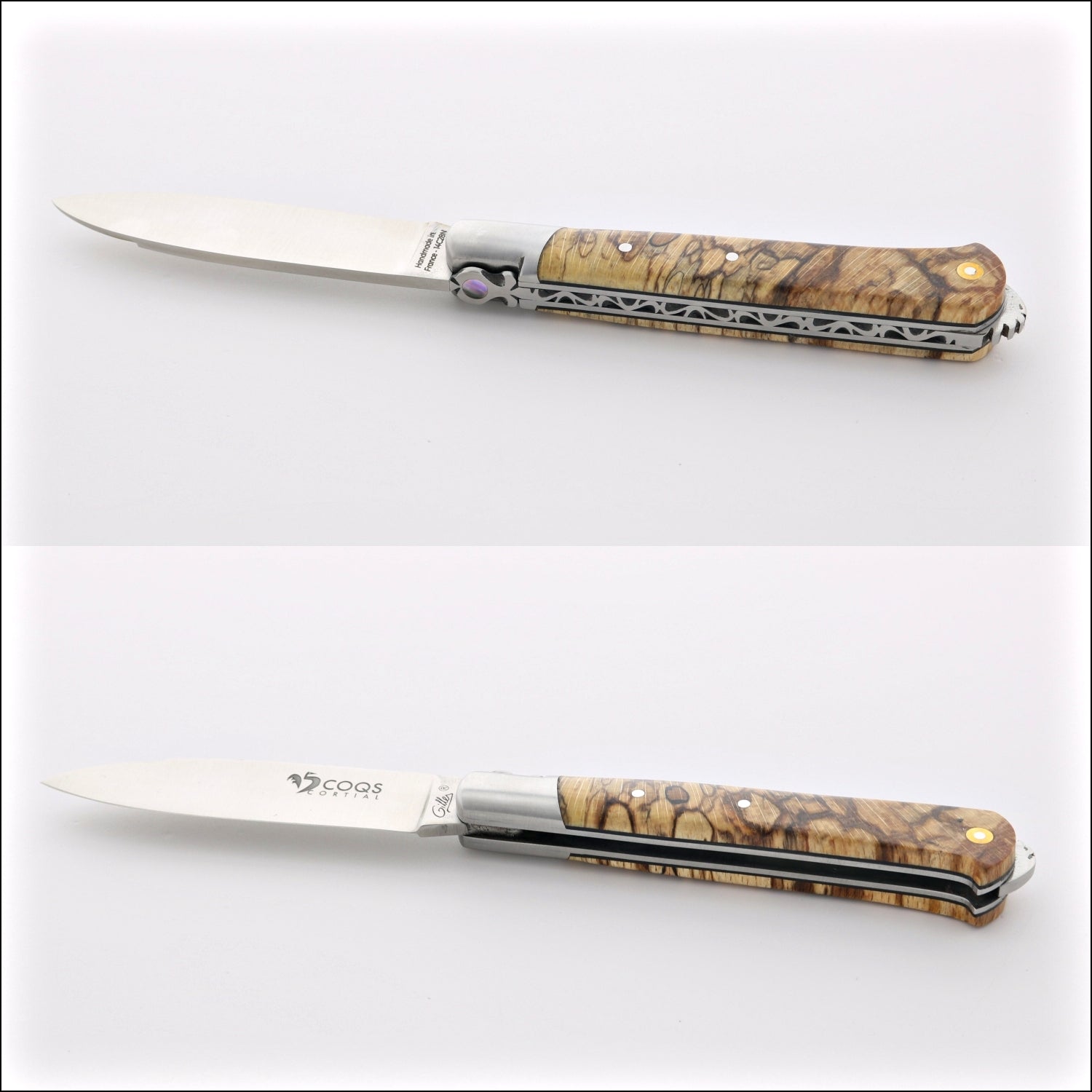 5 Coqs Pocket Knife - Burled Beech End Grain & Mother of Pearl Inlay