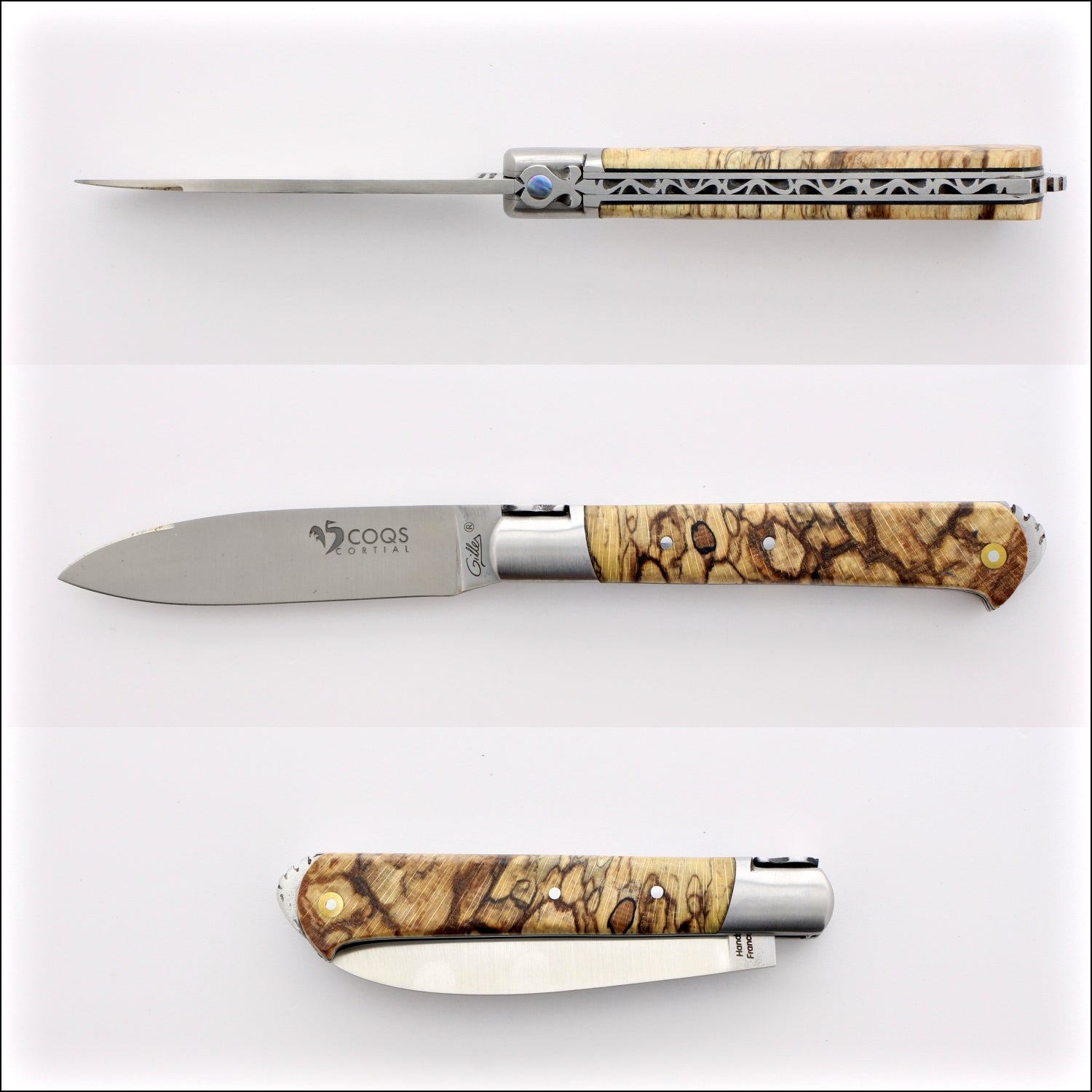 5 Coqs Pocket Knife - Burled Beech End Grain & Mother of Pearl Inlay