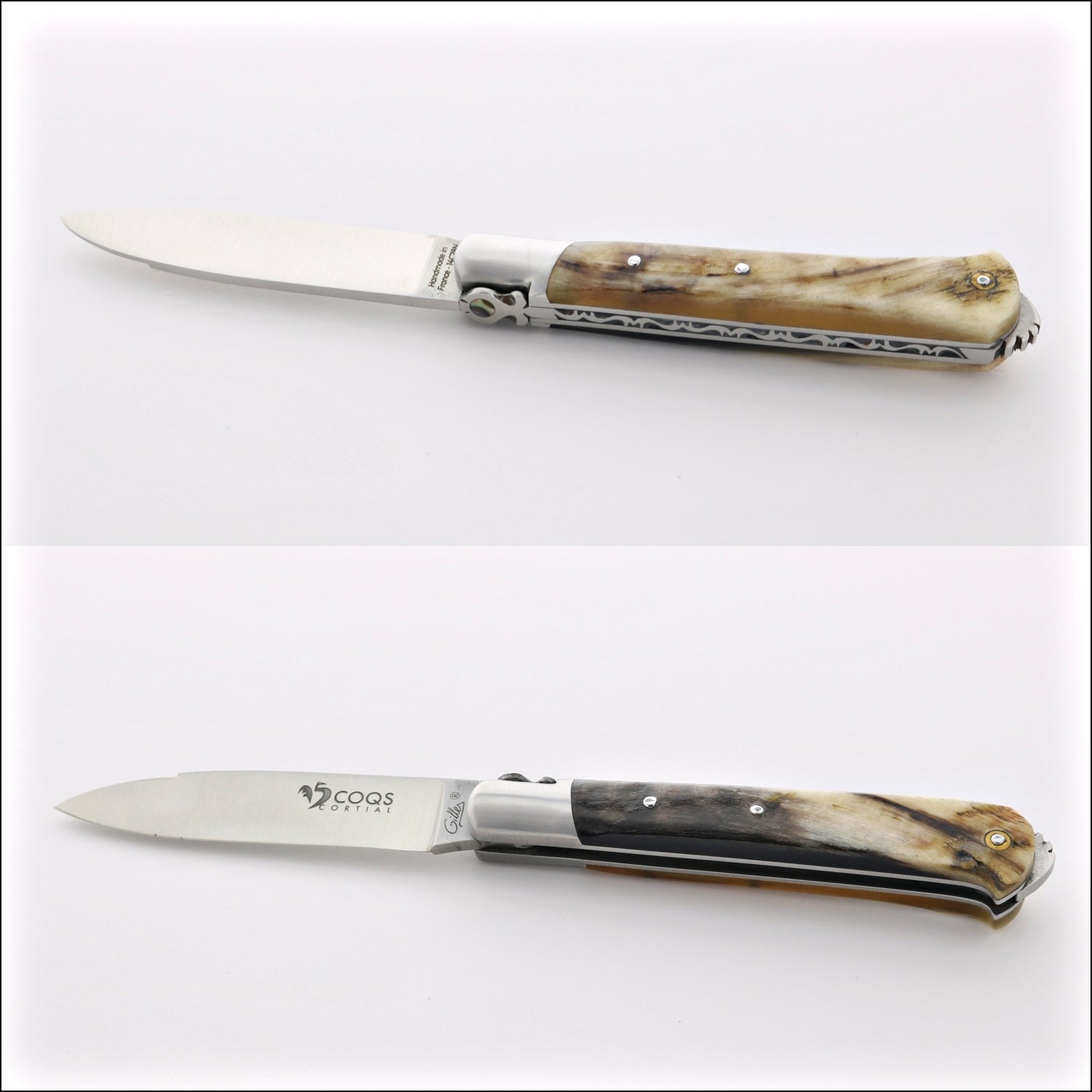5 Coqs Pocket Knife - Dark Ram Horn & Mother of Pearl Inlay