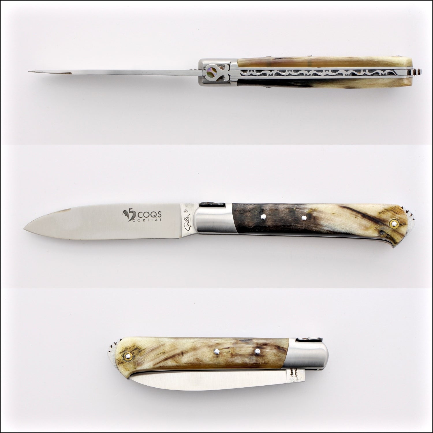 5 Coqs Pocket Knife - Dark Ram Horn & Mother of Pearl Inlay