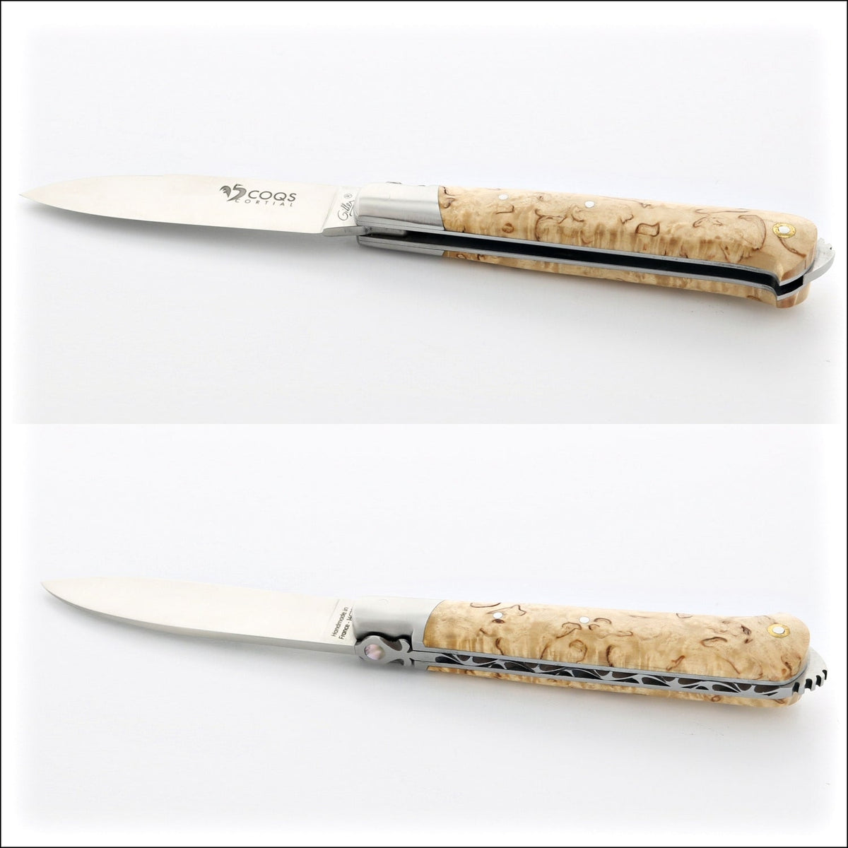 5 Coqs Pocket Knife - Karelian Birch &amp; Mother of Pearl Inlay